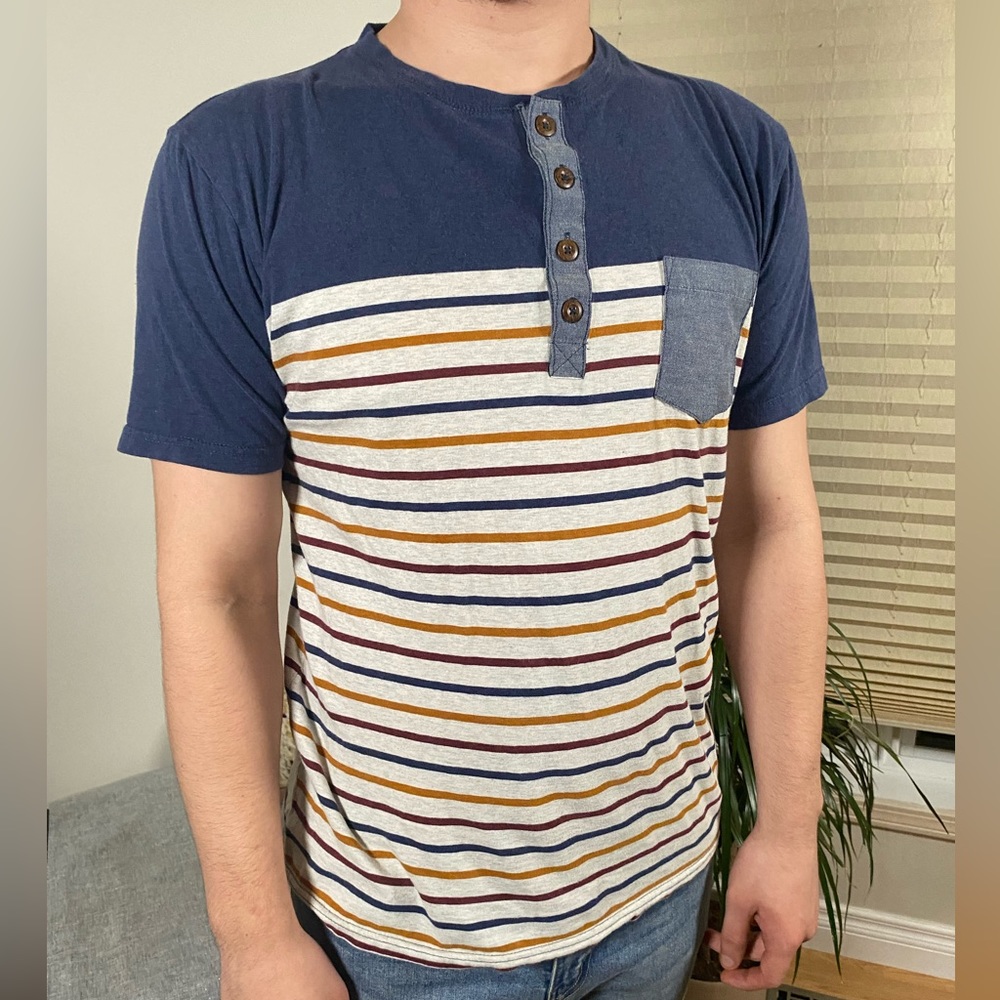 Djab Mens Faux Button Up Blue and Cream with Stripes Pocket T-Shirt Medium